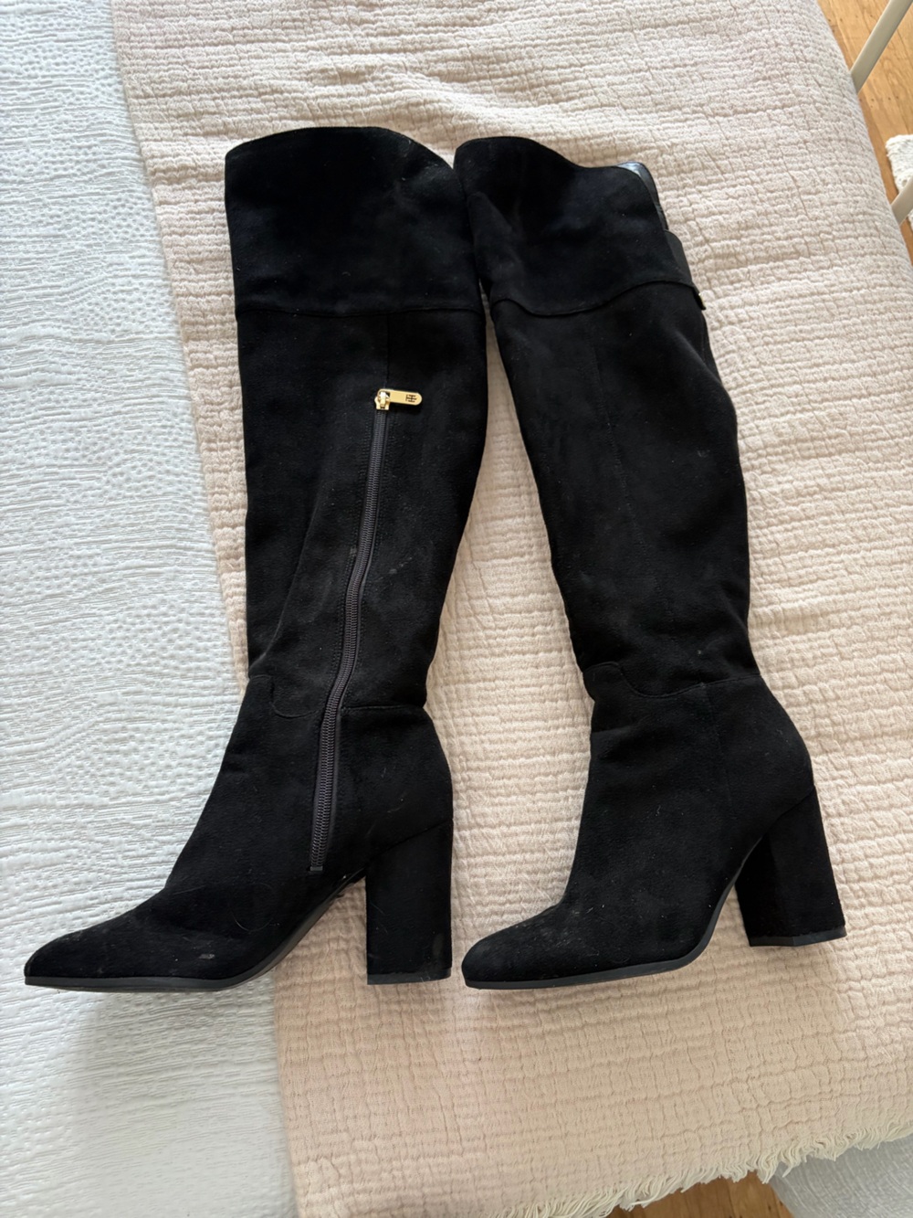 Tommy Hilfiger Black Suede Tall Block Heel Boots with Gold Zipper